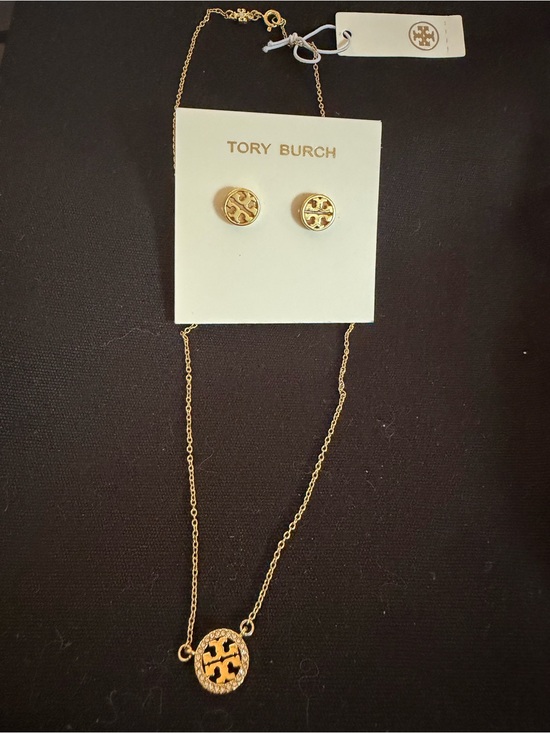 Tory Burch Jewelry - Tory Burch Gold Logo Pendant Necklace with Matching Stud Earrings